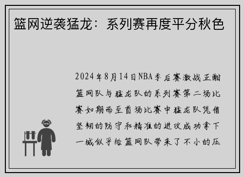 篮网逆袭猛龙：系列赛再度平分秋色